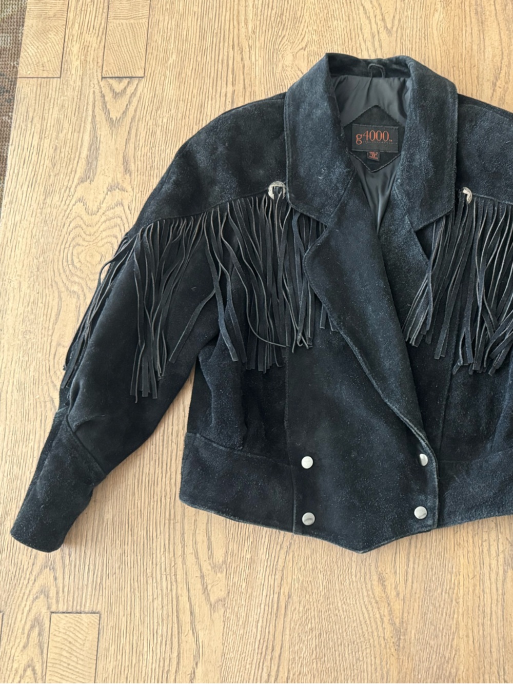 Vintage G4000 1993 Suede Fringe Jacket Black Cropped Western Biker Leather M